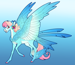 Size: 3743x3255 | Tagged: safe, artist:turnipberry, oc, oc only, oc:honeysuckle, pegasus, pony, blue background, colored hooves, commission, female, magical lesbian spawn, mare, offspring, parent:fluttershy, parent:rainbow dash, parents:flutterdash, raised hoof, realistic horse legs, simple background, solo, tail feathers, winged hooves