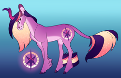 Size: 5100x3300 | Tagged: safe, artist:turnipberry, oc, oc only, pony, blue background, colored fetlocks, colored horn, commission, cutie mark, forked horn, gradient background, horn, kirin horn, leonine tail, magical lesbian spawn, narrowed eyes, offspring, parent:sunset shimmer, parent:twilight sparkle, parents:sunsetsparkle, realistic horse legs, simple background, solo, unnamed oc, unshorn fetlocks