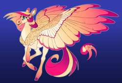 Size: 4399x2997 | Tagged: safe, artist:turnipberry, oc, oc only, oc:shimmering gale, pegasus, pony, blue background, colored hooves, commission, cutie mark, dark background, female, magical lesbian spawn, mare, offspring, parent:fluttershy, parent:sunset shimmer, parents:sunshyne, realistic horse legs, simple background, solo, spread wings, wings