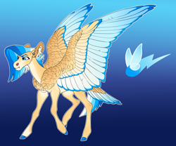 Size: 3026x2513 | Tagged: safe, artist:turnipberry, oc, oc only, oc:spark chaser, pegasus, pony, blue background, colored hooves, colored wings, colored wingtips, commission, cutie mark, ear piercing, female, magical lesbian spawn, mare, offspring, parent:fluttershy, parent:rainbow dash, parents:flutterdash, piercing, realistic horse legs, simple background, solo, tail feathers