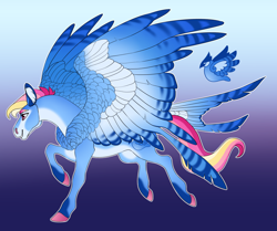 Size: 3480x2906 | Tagged: safe, artist:turnipberry, oc, oc only, oc:bluebird, pegasus, pony, chest feathers, colored hooves, commission, cutie mark, galloping, gradient background, magical lesbian spawn, male, offspring, parent:fluttershy, parent:rainbow dash, parents:flutterdash, realistic horse legs, simple background, solo, stallion, tail feathers