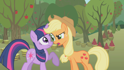 Size: 1280x720 | Tagged: safe, derpibooru import, screencap, applejack, twilight sparkle, unicorn twilight, earth pony, pony, unicorn, applebuck season, apple, apple tree, tree