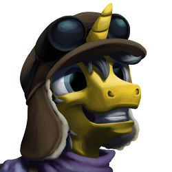 Size: 2000x2000 | Tagged: safe, artist:potes, oc, oc only, oc:raining lead, unicorn, bust, clothes, frostpunk, goggles, gray eyes, gray mane, grey hair, happy, scarf, simple background, smiling, teeth, transparent background, welding goggles, winter hat, winter outfit, yellow coat