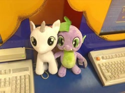 Size: 400x299 | Tagged: safe, artist:matthewbro1, spike, sweetie belle, dragon, unicorn, build-a-bear, photo, plushie