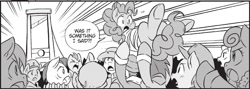 Size: 1766x630 | Tagged: safe, derpibooru import, seven seas, pinkie pie, earth pony, pony, my little pony: the manga, my little pony: the manga volume 2, spoiler:manga, spoiler:manga2, black and white, clothes, execution, female, grayscale, guillotine, male, mare, monochrome, stallion, tied up, you know for kids