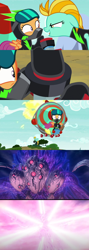 Size: 1280x3600 | Tagged: safe, artist:mega-poneo, edit, edited screencap, screencap, lightning dust, scootaloo, pegasus, pony, abuse, astral chain, clothes, comic, crossover, explosion, female, filly, helmet, mare, meme, scootabuse, screencap comic, the washouts, uniform, video game, washouts uniform