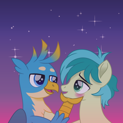 Size: 1080x1080 | Tagged: safe, artist:cloudyglow, gallus, sandbar, earth pony, griffon, pony, blushing, cute, gallabetes, gallbar, gay, interspecies, looking at each other, male, sandabetes, shipping, stallion, starry night, stars, teenager, twilight (astronomy)