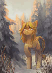 Size: 1585x2241 | Tagged: safe, artist:koviry, oc, oc only, oc:marigold, earth pony, pony, braided tail, fir tree, forest, looking up, snow, solo, tree