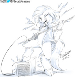 Size: 970x970 | Tagged: safe, artist:viejillox64art, silverstream, cute, diastreamies, ear piercing, electric guitar, flying v, guitar, musical instrument, one eye closed, piercing, rocker, solo, spiked wristband, tongue out, wink, wristband