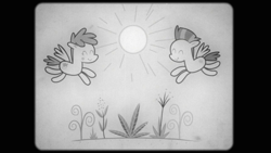 Size: 2000x1125 | Tagged: safe, screencap, pegasus, pony, hurricane fluttershy, black and white cartoon, duo, flying, generic pony, gray background, plant, simple background, smiling, sun