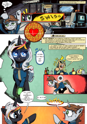 Size: 2480x3508 | Tagged: safe, artist:iiapiiiubbiu, oc, oc:littlepip, oc:littlepip's mother, oc:velvet remedy, pony, unicorn, fallout equestria, blushing, bottle, clothes, comic, comic cover, drunk, fanfic, fanfic art, female, grin, hooves, horn, i can't believe it's not idw, mare, one eye closed, open mouth, pipbuck, screwdriver, smiling, stable, stable 2, terminal, vault suit
