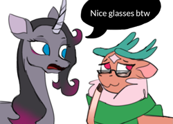 Size: 1001x722 | Tagged: safe, artist:uselessgarbage, cashmere (tfh), oleander, deer, reindeer, unicorn, them's fightin' herds, clothes, cloven hooves, community related, duo, female, glasses, mare, scarf, simple background, white background, word balloon