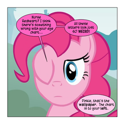 Size: 632x623 | Tagged: safe, artist:dziadek1990, derpibooru import, edit, edited screencap, screencap, pinkie pie, earth pony, pony, feeling pinkie keen, comic, conversation, cropped, dialogue, implied nurse redheart, offscreen character, screencap comic, slice of life, solo, text