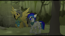 Size: 1920x1080 | Tagged: safe, artist:sinner_png, daring do, oc, oc:fifty percent, hybrid, original species, pegasus, pony, zebra, zony, bandage, bandana, forest, jungle, sapphire statue, smiling, treasure, zony oc