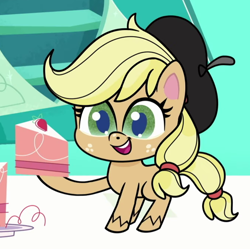 Size: 672x669 | Tagged: safe, derpibooru import, screencap, applejack, earth pony, pony, how applejack got her hat back, my little pony: pony life, spoiler:pony life s01e04, beret, cake, cropped, food, hat, solo