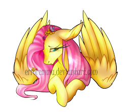 Size: 1218x1077 | Tagged: safe, artist:erroremma, derpibooru import, fluttershy, butterfly, pegasus, pony, bust, ear fluff, female, floppy ears, flower, flower in hair, looking away, looking down, mare, simple background, solo, spread wings, transparent background, wings