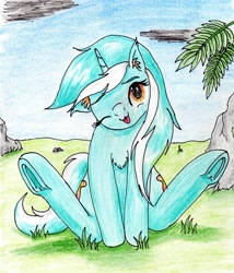 Size: 2336x2724 | Tagged: safe, artist:40kponyguy, derpibooru exclusive, lyra heartstrings, unicorn, 30 minute art challenge, ;p, both cutie marks, bunny sitting, chest fluff, cute, ear fluff, floppy ears, grass, head tilt, lyrabetes, one eye closed, solo, tongue out, traditional art, underhoof, wink