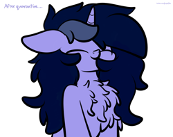 Size: 3250x2560 | Tagged: safe, artist:kimjoman, oc, oc only, oc:purple flix, pony, unicorn, chest fluff, eyes closed, fluffy, long hair, male, simple background, solo, stallion, text, white background