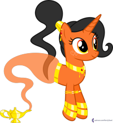 Size: 4000x4370 | Tagged: safe, artist:parclytaxel, oc, oc only, oc:amani, genie pony, pony, unicorn, .svg available, absurd resolution, armband, bracelet, collar, ear piercing, earring, female, floating, genie, gold, jewelry, lamp, magic lamp, mare, patreon, patreon reward, piercing, ponytail, simple background, smiling, solo, transparent background, vector, waistband