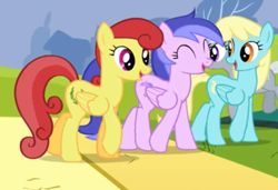 Size: 700x480 | Tagged: safe, screencap, golden glory, sassaflash, silverspeed, pegasus, pony, hurricane fluttershy, background pony, cropped, eyes closed, female, mare, not seafoam, race swap, smiling, trio, unnamed character, unnamed pony, walking