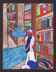 Size: 2512x3262 | Tagged: safe, artist:oatmeal155, twilight sparkle, unicorn twilight, oc, oc:crimson maroon, pony, unicorn, comic:oat.meal, book, bookshelf, clothes, comic, dialogue, ever emerald manor, library, traditional art