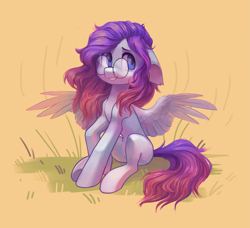 Size: 2647x2418 | Tagged: safe, artist:koviry, oc, oc only, pegasus, pony, female, floppy ears, glasses, mare, sitting, smiling, solo, spread wings, three quarter view, wings