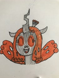 Size: 3024x4032 | Tagged: safe, artist:whistle blossom, oc, oc:queen beehive, changeling queen, changeling queen oc, crown, cute, diabeehive, female, jewelry, laughing, mare, marker drawing, open mouth, orange changeling, regalia, simple background, smiling, solo, traditional art, whistle blossom is trying to murder us, white background