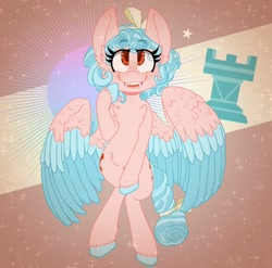 Size: 1280x1267 | Tagged: safe, artist:softcubes, cozy glow, pegasus, pony, abstract background, both cutie marks, chess piece, colored hooves, colored wings, colored wingtips, freckles, golly, signature, smiling, solo, speedpaint available
