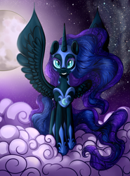 Size: 2335x3163 | Tagged: safe, artist:vird-gi, edit, editor:childofthenight, nightmare moon, alicorn, pony, beautiful, cloud, female, high res, looking at you, mare, moon, night, smiling, solo, spread wings, wings