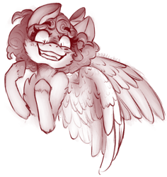 Size: 960x1015 | Tagged: safe, artist:softcubes, cozy glow, pegasus, pony, bust, crazy glow, evil grin, grin, insanity, monochrome, portrait, shrunken pupils, signature, smiling, solo