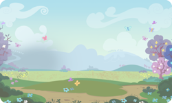 Size: 954x572 | Tagged: safe, butterfly, background, cloud, flower, gameloft, no pony, outdoors, tree