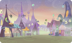 Size: 954x572 | Tagged: safe, background, cauldron, gameloft, night, nightmare night symbol, no pony, outdoors, ponyville, skull, stars