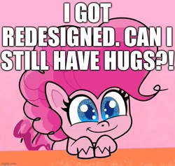 Size: 651x616 | Tagged: safe, derpibooru import, edit, edited screencap, screencap, pinkie pie, earth pony, pony, my little pony: pony life, princess probz, spoiler:pony life s01e01, bronybait, caption, cropped, cute, hug request, image macro, smiling, solo, text