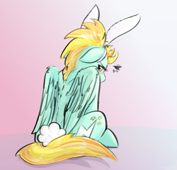 Size: 951x913 | Tagged: safe, artist:testostepone, lightning dust, pegasus, pony, blushing, bunny ears, bunny tail, cute, dust bunny, dustabetes, female, grumpy, looking at you, mare, pun, simple background, solo