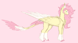 Size: 973x546 | Tagged: safe, artist:starlitartican, derpibooru import, fluttershy, pegasus, pony, blaze (coat marking), colored hooves, colored wings, female, leonine tail, mare, pink background, profile, redesign, simple background, smiling, socks (coat marking), solo, tail feathers, wings