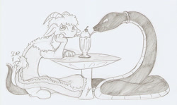 Size: 1568x932 | Tagged: safe, artist:ravenpuff, oc, oc only, oc:floofy (ravenpuff), draconequus, snake, cherry, draconequus oc, female, food, grayscale, milkshake, monochrome, oc x oc, sharing a drink, shipping, sitting, table, traditional art