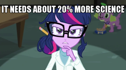 Size: 640x357 | Tagged: safe, edit, edited screencap, screencap, sci-twi, spike, spike the regular dog, twilight sparkle, dog, equestria girls, rainbow rocks, 20% cooler, caption, clothes, female, glasses, image macro, lab coat, male, paws, science, scientist, solo, text, that pony sure does love science