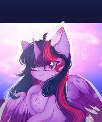 Size: 1280x1527 | Tagged: safe, artist:rainbowmoon2512, twilight sparkle, twilight sparkle (alicorn), alicorn, pony, chest fluff, cute, ear fluff, female, mare, no pupils, one eye closed, solo, twiabetes, two toned wings, wings, wink