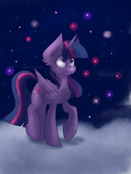 Size: 768x1024 | Tagged: safe, artist:lumepone, twilight sparkle, twilight sparkle (alicorn), alicorn, pony, cheek fluff, chest fluff, ear fluff, female, folded wings, lights, mare, smiling, solo, wings