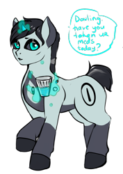 Size: 827x1170 | Tagged: safe, artist:leastways, oc, oc:iso, pony, unicorn, black sclera, drugs, female, glass of water, levitation, magic, mare, medicine, pills, simple background, sketch, solo, telekinesis, transparent background