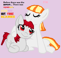 Size: 309x297 | Tagged: safe, oc, oc:mitta, oc:ruby, earth pony, pony, cute, duo, eyes closed, female, hug, mare, red eyes, smiling, story of the blanks, text