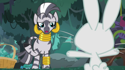 Size: 1920x1080 | Tagged: safe, derpibooru import, screencap, angel bunny, fluttershy, zecora, rabbit, zebra, she talks to angel, animal, basket, body swap, concerned, confused, ear piercing, earring, everfree forest, female, jewelry, leg rings, looking at each other, male, mare, mohawk, mushroom, neck rings, not angel bunny, piercing, raised hoof, rear view, talking