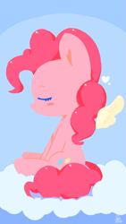 Size: 1539x2735 | Tagged: safe, artist:yunyeyoung, derpibooru import, pinkie pie, earth pony, pony, blush sticker, blushing, cloud, cute, diapinkes, eyes closed, female, floating wings, heart, mare, on a cloud, profile, sitting, solo, wings