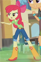 Size: 944x1433 | Tagged: safe, screencap, apple bloom, scootaloo, equestria girls, rainbow rocks, angry, apple bloom's bow, boots, bow, cafeteria, chair, clothes, cropped, hair bow, jeans, pants, pointing, shirt, shoes, solo, solo focus, table