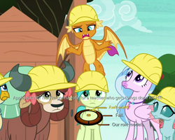Size: 750x600 | Tagged: safe, edit, edited screencap, screencap, gallus, ocellus, sandbar, silverstream, smolder, yona, non-compete clause, bow, cropped, cute, dialogue wheel, diaocelles, diastreamies, gallabetes, hard hat, implied applejack, mass effect, sandabetes, shed (building), student six, sweet apple acres, tree, yonadorable
