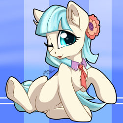 Size: 3120x3121 | Tagged: safe, artist:gleamydreams, coco pommel, earth pony, pony, cocobetes, cute, female, flower, flower in hair, mare, necktie, one eye closed, weapons-grade cute, winking at you