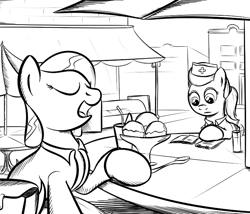 Size: 700x600 | Tagged: safe, artist:sirvalter, oc, oc only, oc:patrimony, crystal pony, earth pony, pony, fanfic:steyblridge chronicle, bag, black and white, cafe, clothes, duo, eyes closed, fanfic, fanfic art, female, food, glass, grayscale, hooves, ice cream, illustration, mare, monochrome, notebook, nurse, open mouth, outdoors, ponytail, saddle bag, sitting, spoon, table