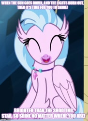 Size: 500x687 | Tagged: safe, edit, edited screencap, screencap, silverstream, classical hippogriff, hippogriff, uprooted, caption, cropped, cute, diastreamies, eyes closed, happy, image macro, jewelry, meme, necklace, owl city, shooting star, sitting, solo, song reference, text