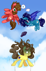 Size: 852x1300 | Tagged: safe, artist:loyaldis, oc, oc:astral flare, oc:eclipsa, oc:sketchbook, bat pony, pegasus, pony, unicorn, bat pony oc, bat wings, beanie, falling, flying, hat, oof, oops, sky, wings