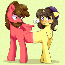 Size: 1972x1957 | Tagged: safe, artist:pledus, oc, oc:astral flare, oc:sketchbook, pegasus, pony, unicorn, beard, blushing, cute, facial hair, magic, oops, pushmi-pullyu, stuck together